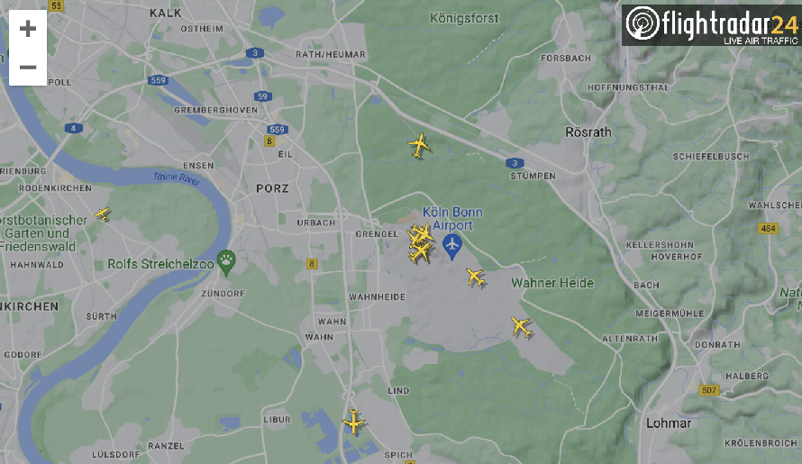 Köln Bonn Airport im Liveradar von flightradar24.com
